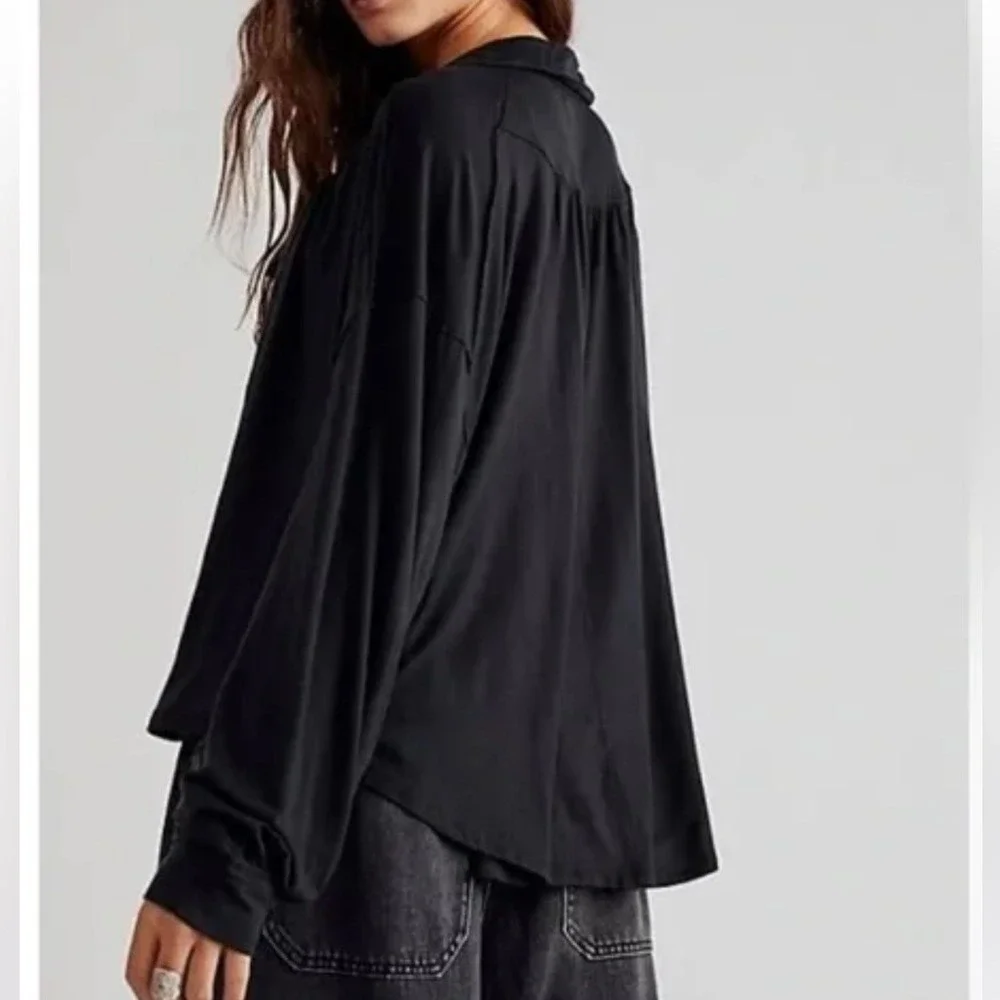 Free People Luna Tee Henley Peasant Black Size S Oversized Boho Festival Relaxed